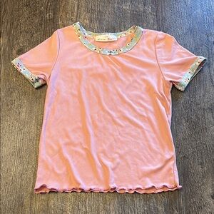 Embellished pink Short Sleeve Tee with‎ Peter Pan Collar